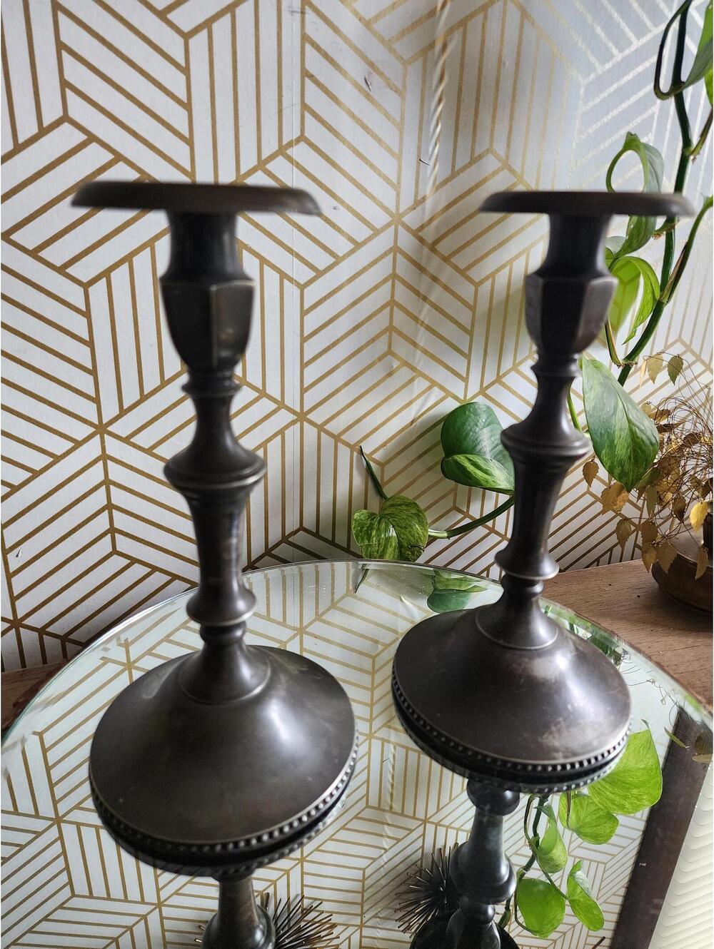 Antique Aurora Warranted Silver Co. Candlestick Holders "59" 9"
